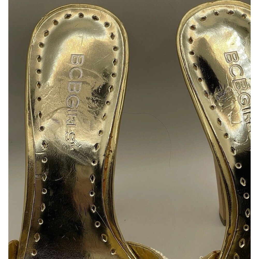 BCBG Beaded  Gold Vintage Y2K Woden Platform Heels Size 7 - Picture 2 of 6